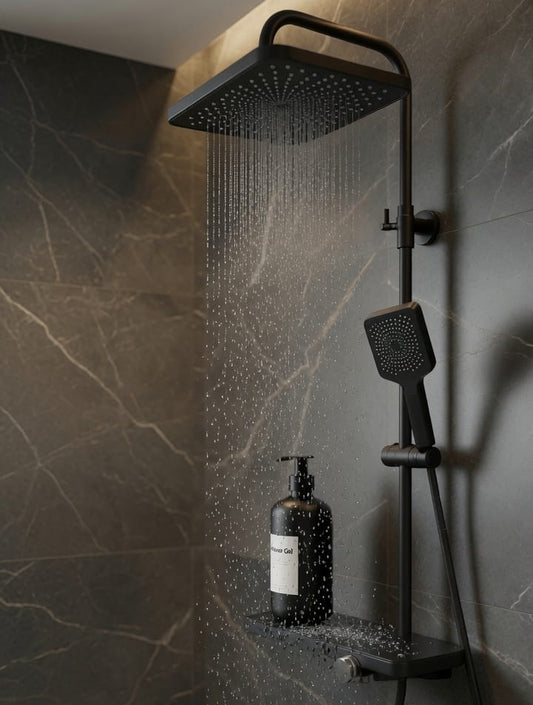 COLONNE DE DOUCHE NOIR MAT FIRMER AVEC ÉTAGÈRE – MITIGEUR INTÉGRÉ