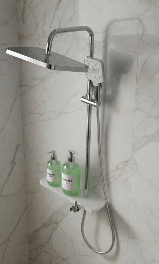 COLONNE DE DOUCHE BLANCHE FIRMER AVEC ÉTAGÈRE – MITIGEUR INTÉGRÉ