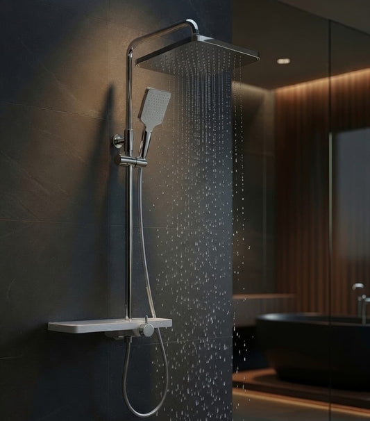 COLONNE DE DOUCHE BLANCHE FIRMER AVEC ÉTAGÈRE – MITIGEUR INTÉGRÉ