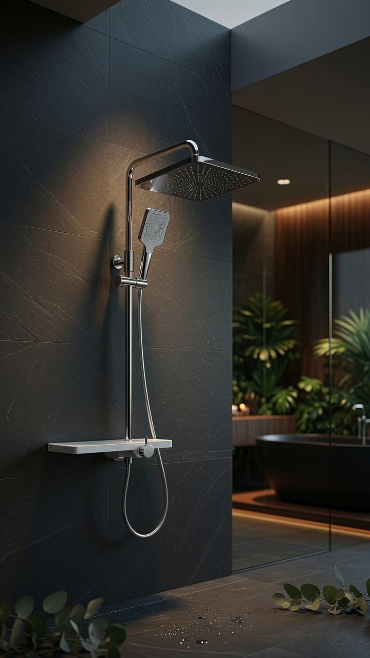 COLONNE DE DOUCHE BLANCHE FIRMER AVEC ÉTAGÈRE – MITIGEUR INTÉGRÉ