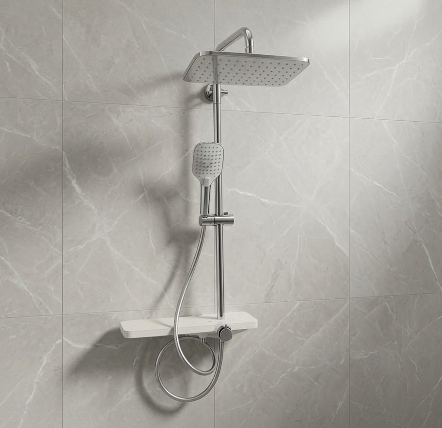 COLONNE DE DOUCHE BLANCHE FIRMER AVEC ÉTAGÈRE – MITIGEUR INTÉGRÉ