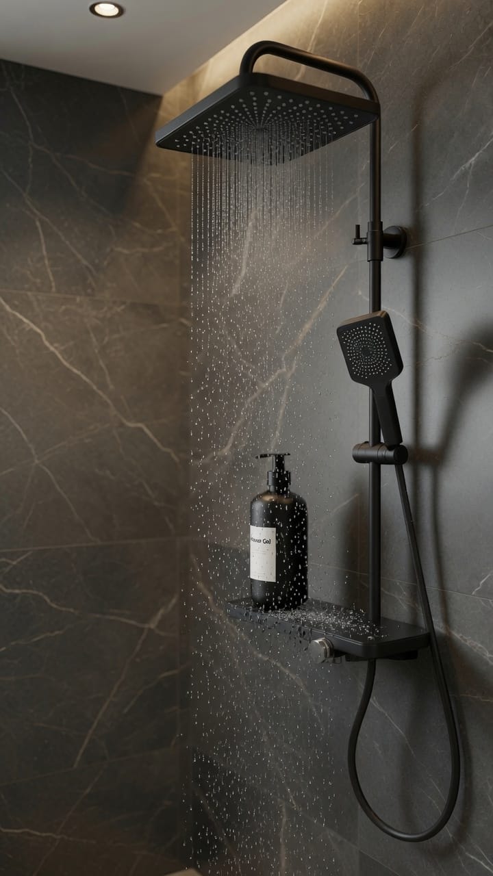 COLONNE DE DOUCHE NOIR MAT FIRMER AVEC ÉTAGÈRE – MITIGEUR INTÉGRÉ