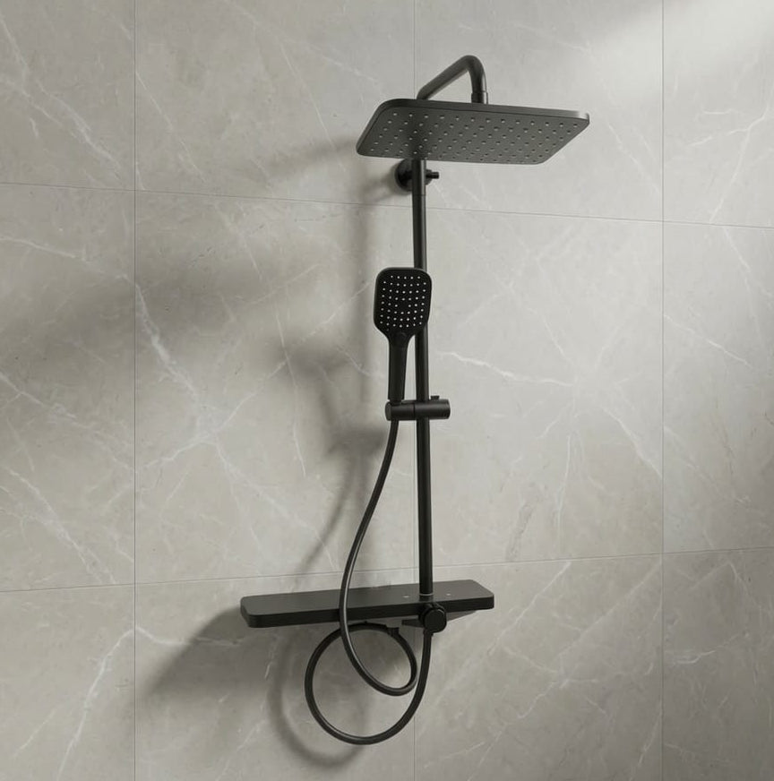 COLONNE DE DOUCHE NOIR MAT FIRMER AVEC ÉTAGÈRE – MITIGEUR INTÉGRÉ