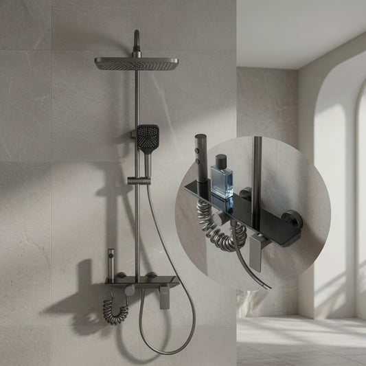 COLONNE DE DOUCHE GRIS NOIR SANILUM AVEC ÉTAGÈRE – MITIGEUR INTÉGRÉ | CORPS EN INOX |