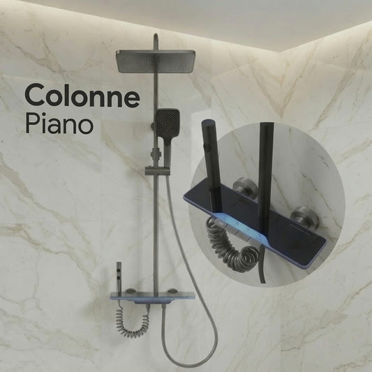 COLONNE DE DOUCHE PIANO GRIS NOIR SANILUM AVEC ÉTAGÈRE – MITIGEUR INTÉGRÉ | CORPS EN LAITON | BARRE TUBE EN INOX | HAUTE QUALITÉ 799.dh