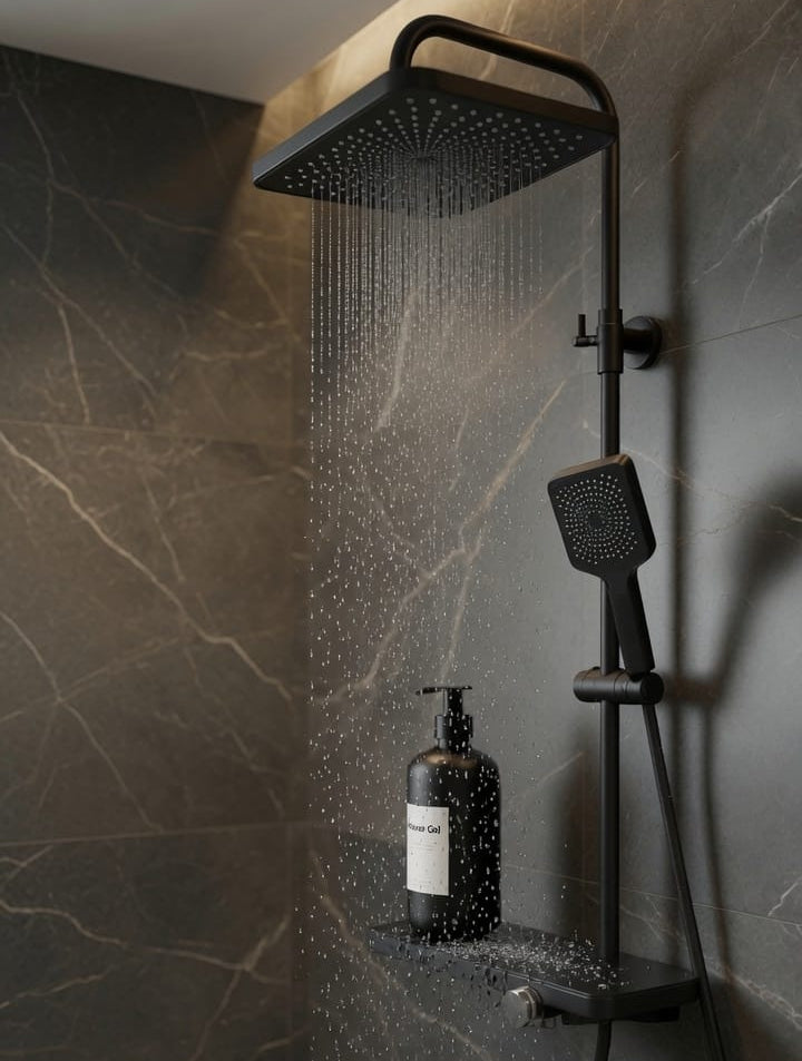 COLONNE DE DOUCHE NOIR MAT FIRMER AVEC ÉTAGÈRE – MITIGEUR INTÉGRÉ