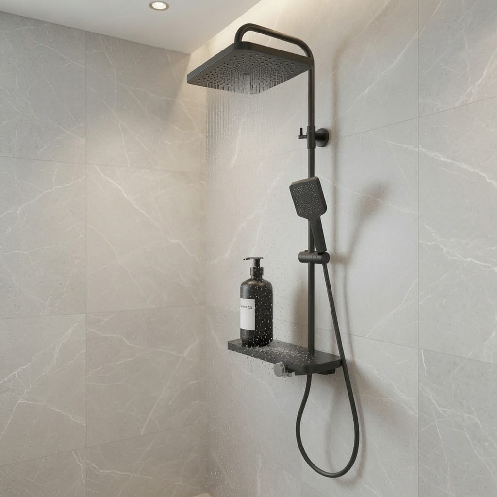 COLONNE DE DOUCHE NOIR MAT FIRMER AVEC ÉTAGÈRE – MITIGEUR INTÉGRÉ